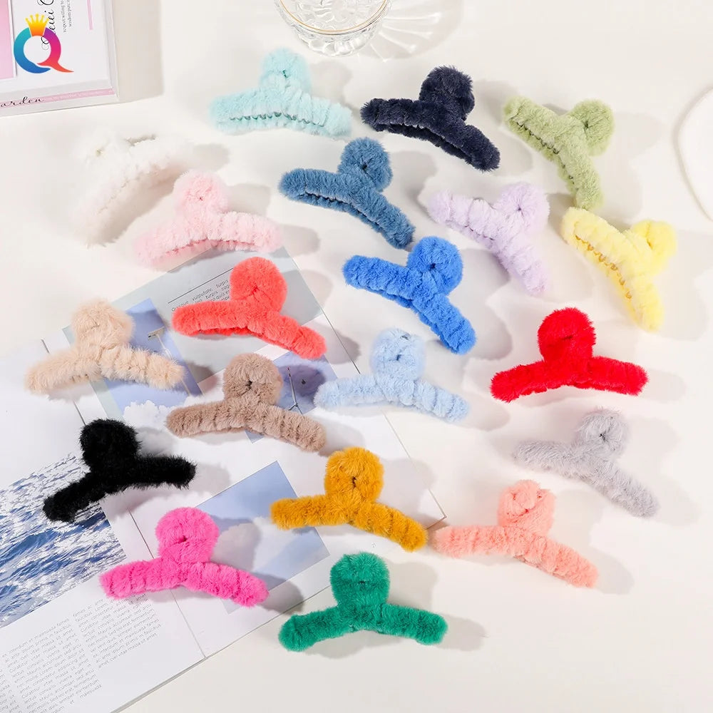 QIYUE Winter Fall Hair Claw Clip Warm Plush Furry Fuzzy Pure Color Fur Fluffy Hair Accessories Made of Durable Plastic
