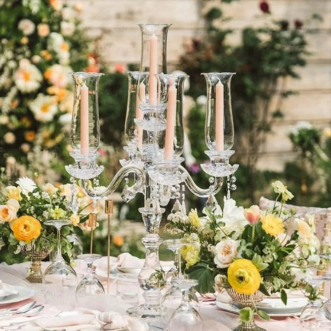 Premium Quality Five Head Glass Candlestick Elegant European Crystal Candle Holder for Romantic Wedding Party Decoration