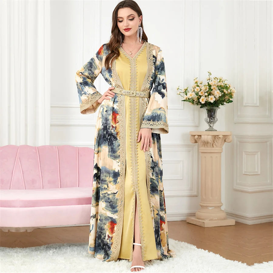 2 Pieces Wholesale Printed Casual Middle East Kaftan Marocain Dubai Arab Clothing Women's Muslim Dress From Morocco