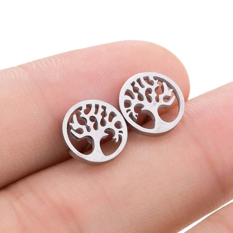 Fashion Rose Silver 18K Gold Plated Stainless Steel Tiny Charm Tree Of Life Stud Earring Jewelry For Women