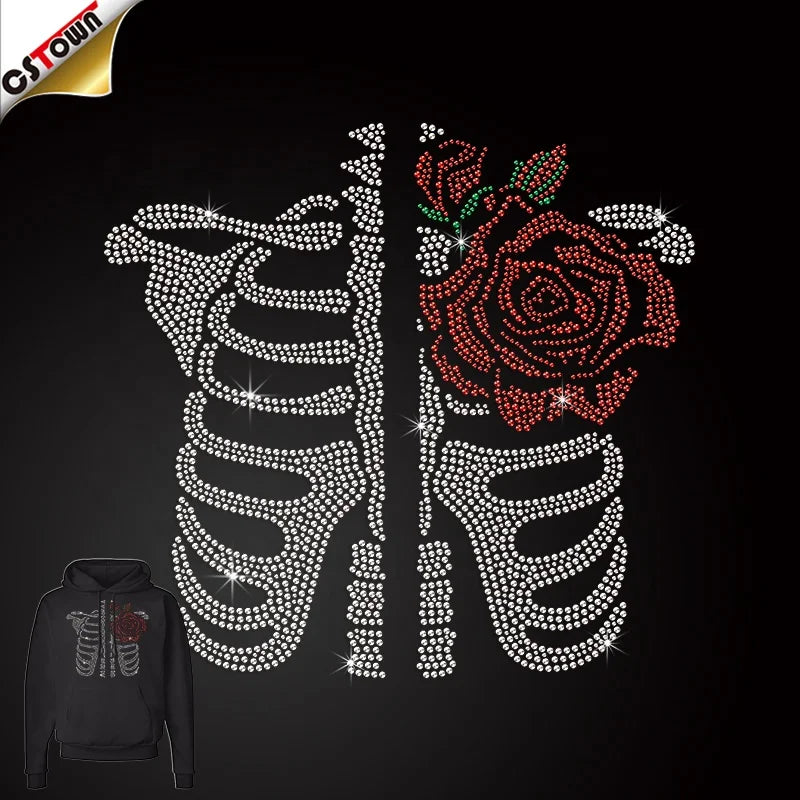 Factory Price New Design Skeleton Hoodie Heat Transfers Rhinestone Iron on Transfers for Skeleton Jacket