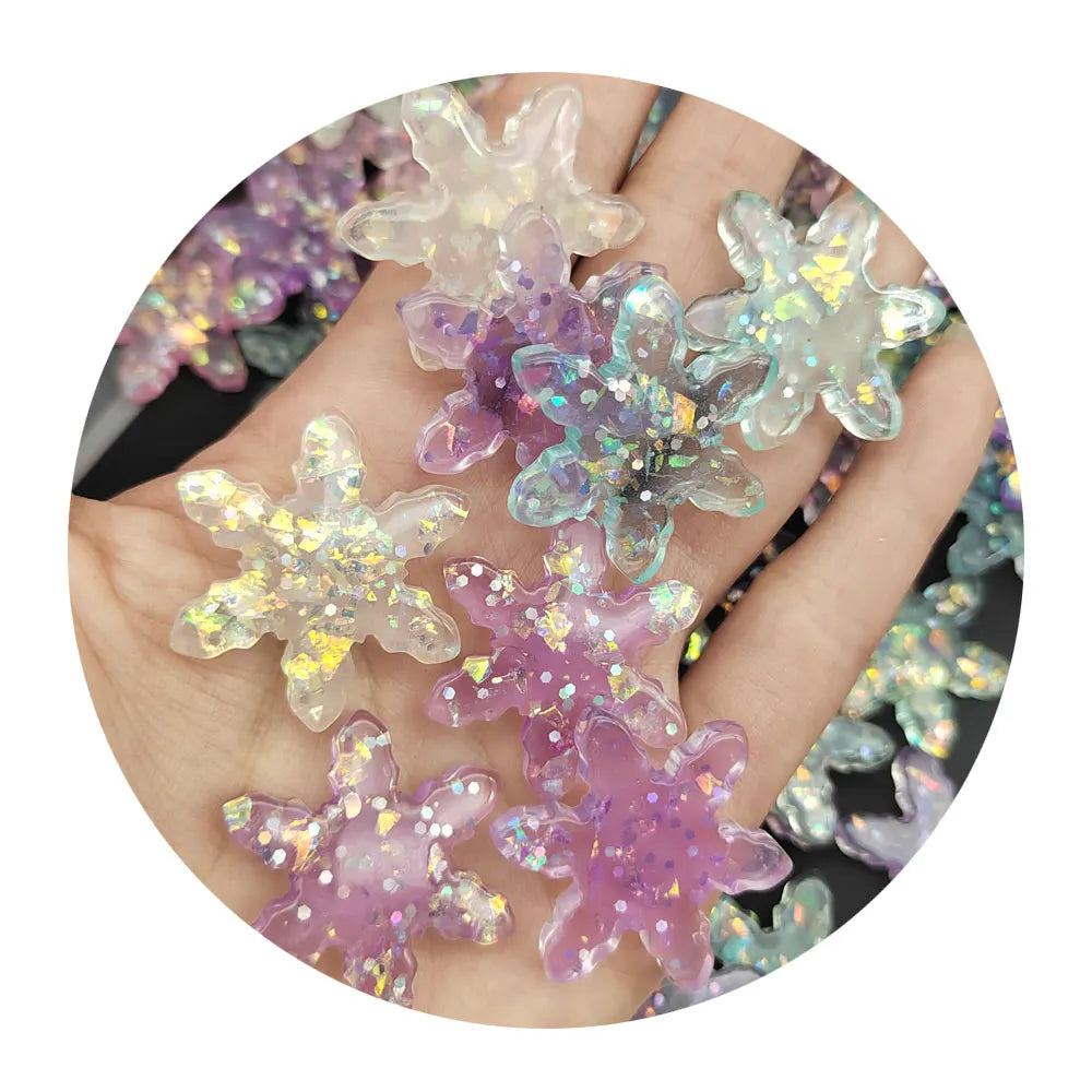 100Pcs/Lot Colorful Glitter Snowflake Flatback Resin Cabochons Christmas Theme Slime Charms for Home Party Hair Bow Center Decor