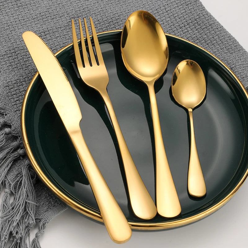 Restaurant Stainless Steel Flatware Luxury Gold Silverware Cubiertos Dorados Metal Golden Spoon and Fork Set Cutlery Set Gold