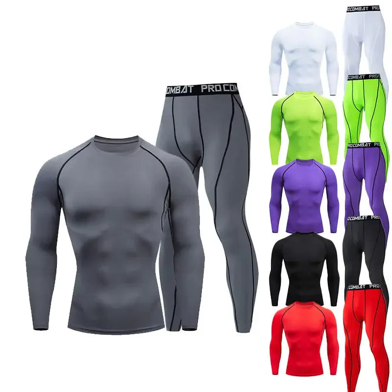 Mens Workout Compression Set Long Sleeve Shirt and Pants Thermal Underwear Athletic Base Layer