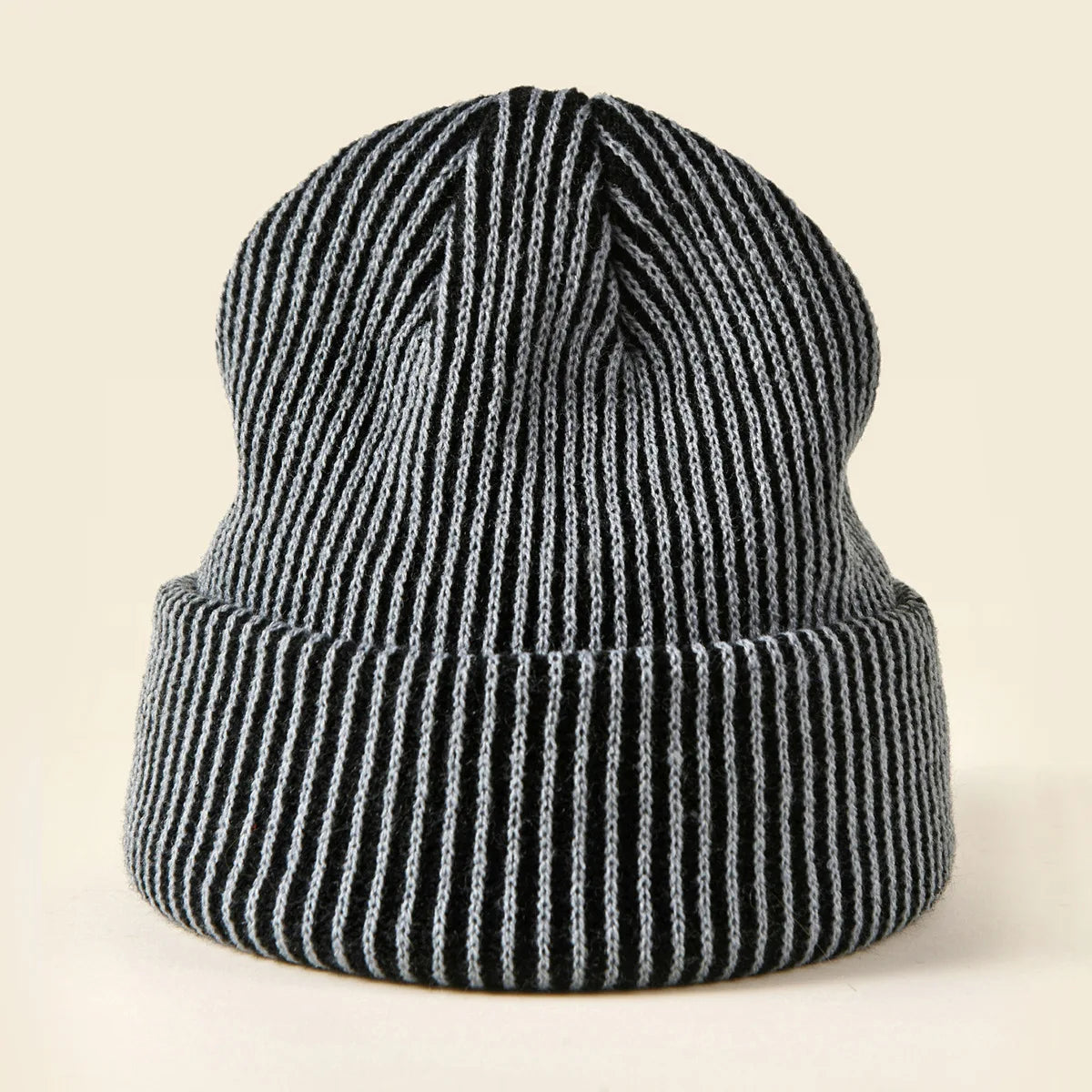 Custom logo Unisex Casual Striped Beanie Cuff Winter Warm Knitted Hat Two Tone Double Layered Cable Knit Acrylic Beanie