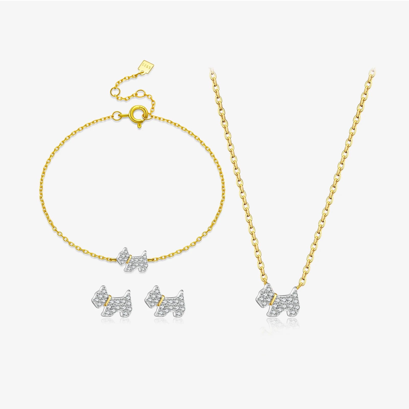 FUAMAY 925 Silver 18K Gold Plated Cute Bracelets Earrings Necklace Pave Anime Dog Shape Ensemble Collier Bracelet for Girls