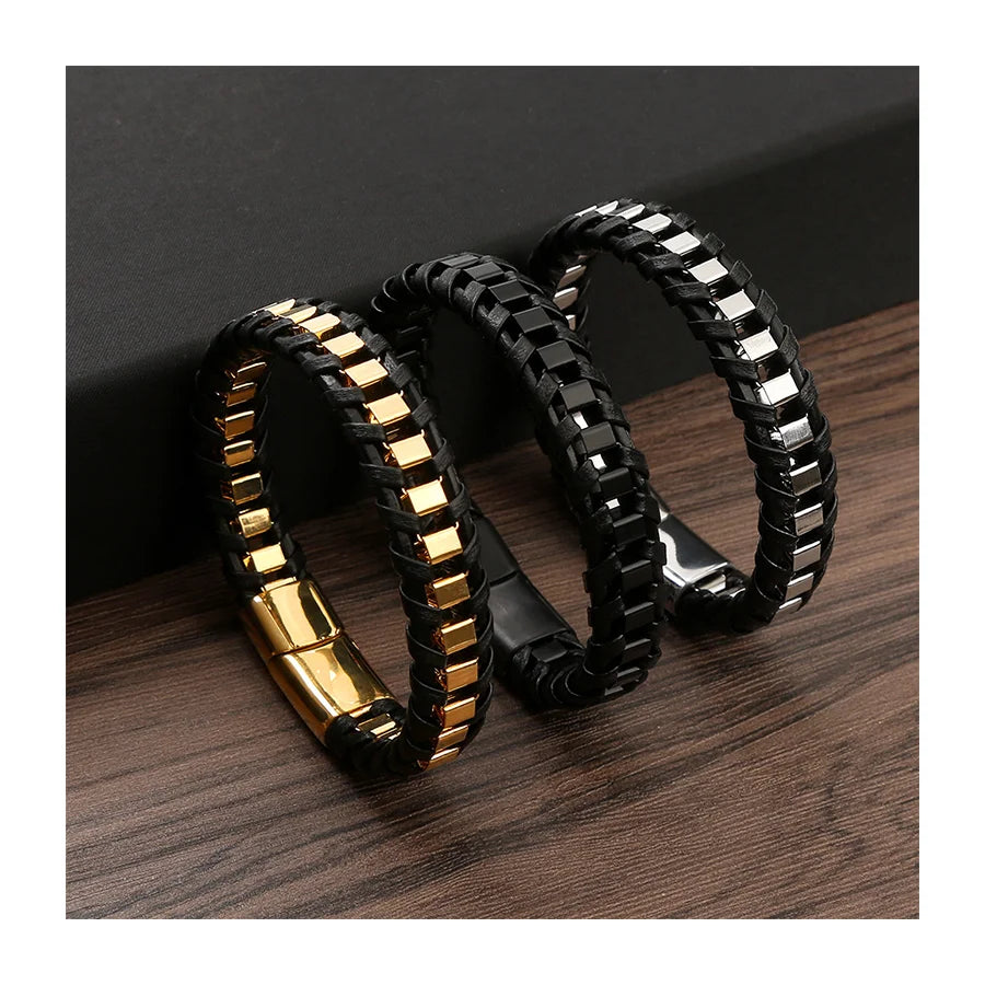 High Quality Multilayered Rope String Bracelet Magnetic Stainless Steel Clasp in Black Premium Genuine Leather Bracelet for Men