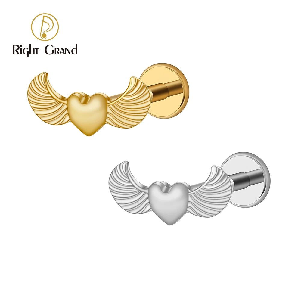 Right Grand ASTM F136 Titanium 16G Winged Heart Labret Monroe Lip Heart Wing Stud Earring Tragus Cartilage Piercing Body Jewelry