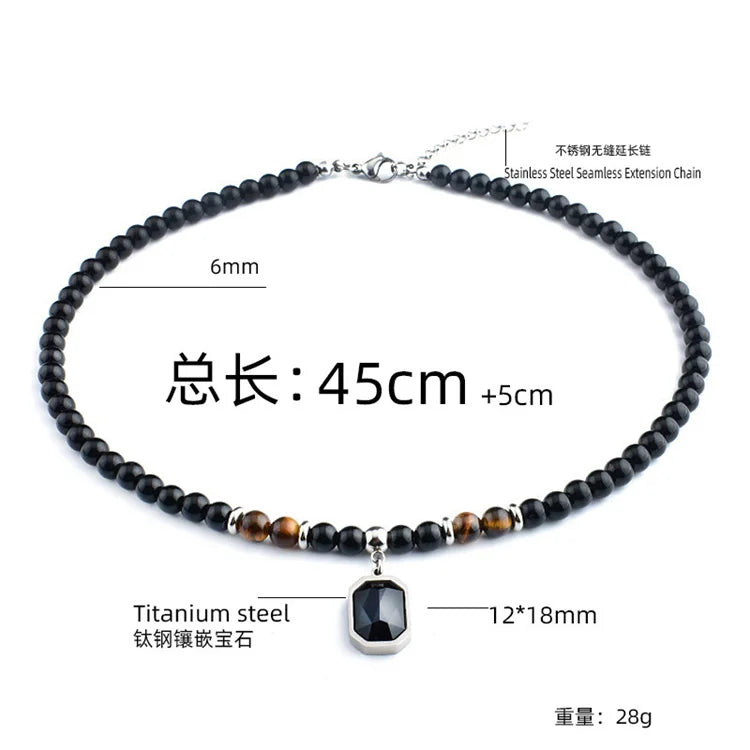 Hip Hop Men Jewelry Punk Handmade Beaded Chain Jewelry Black Gemstone Pendant Necklace