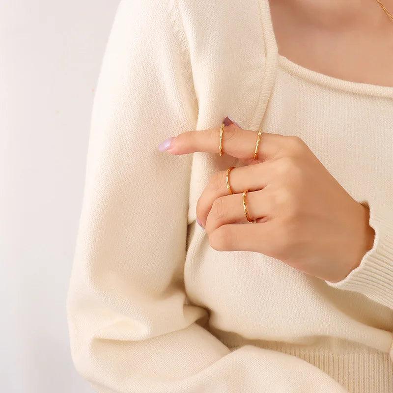 Minos Stainless Steel Simple Jewelry Geometric Rings 18k Gold Plated Tarnish Free Simple Pattern Bamboo Finger Ring for Gift