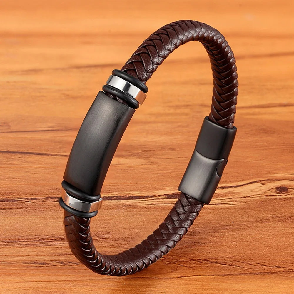 Retro Black Blue Brown Woven Men's Leather Bracelet Matt Finished Stainless Steel Magnetic Buckle Simple Bracelet for Men OT-300