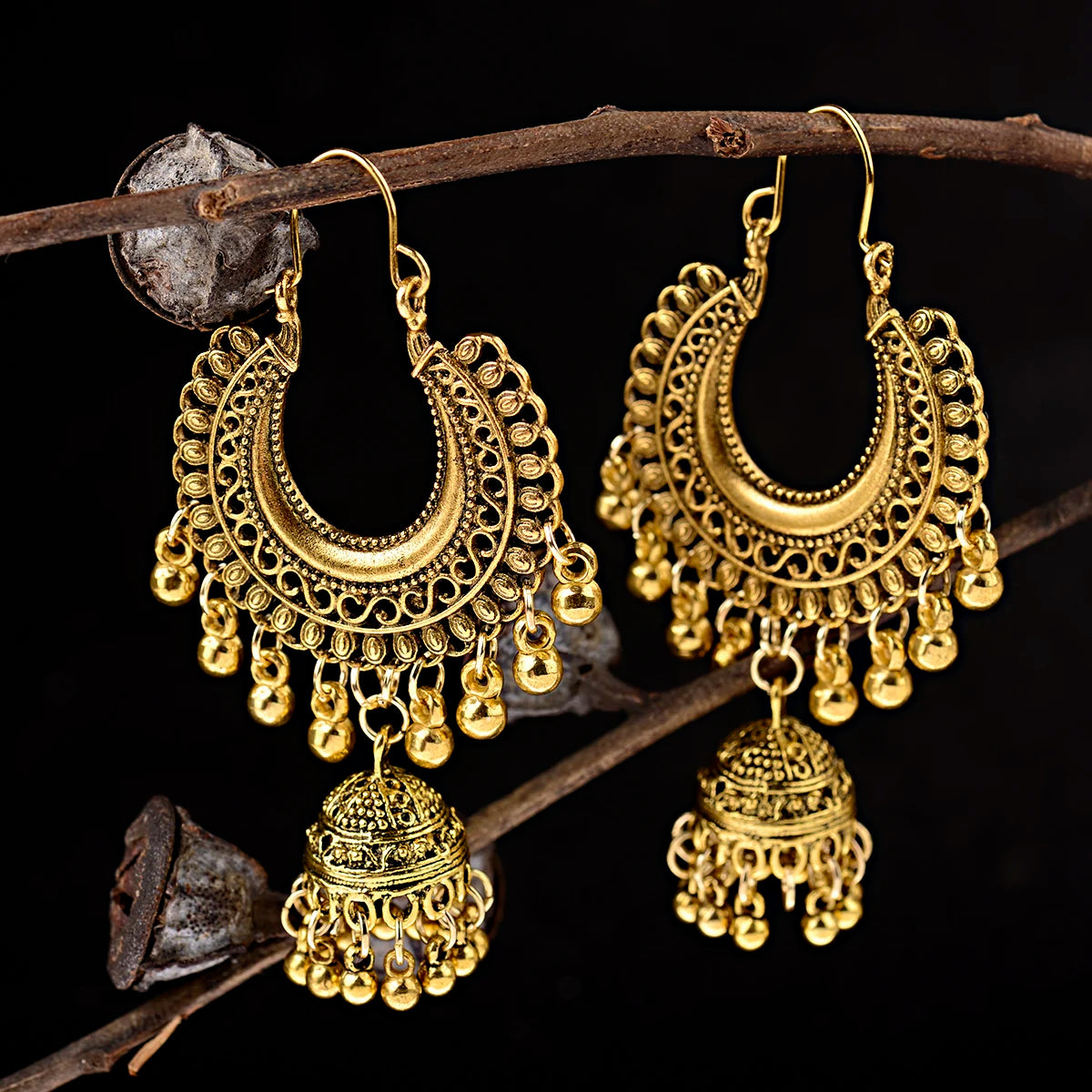 Vintage Indian Women's Gold Beads Tassel Jhumka Earrings Ethnic Gypsy Gold Silver Alloy Big Circle Bell Drop Earring Jewelry