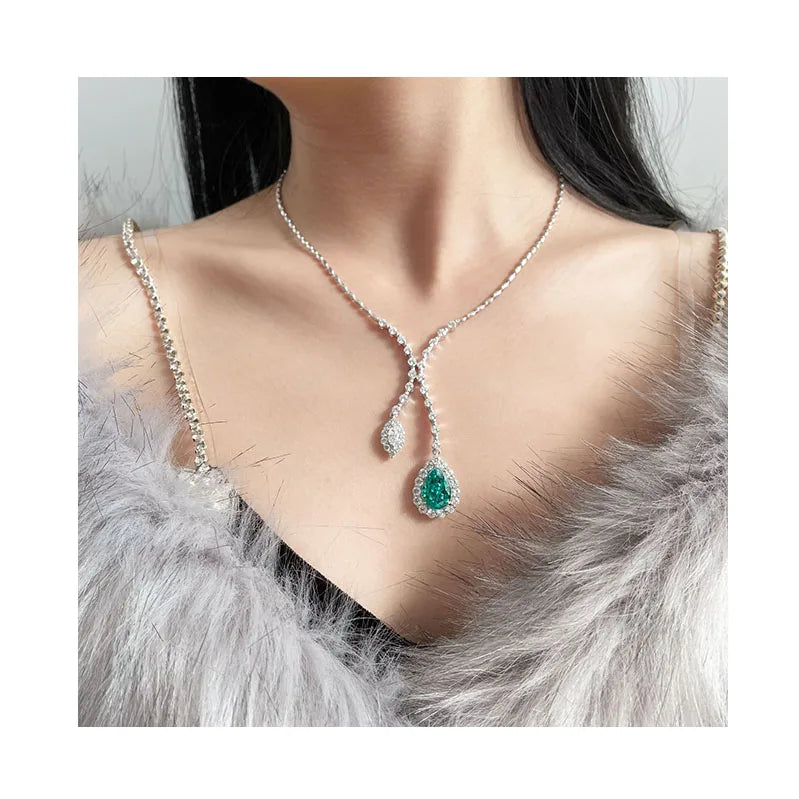 Luxury Design Radiant Pear Cut Blue Paraiba Zirconia 925 Sterling Silver Wedding Necklace