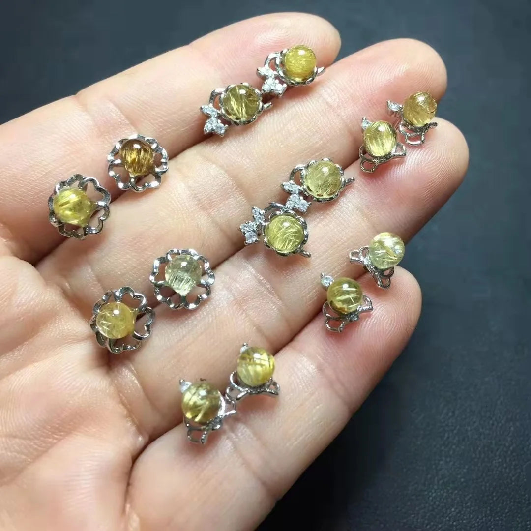 Healing Gemstone Stone Fine Jewelry Natural Raw Crystal Golden Rutilated Quartz 925 Sterling Silver Earrings for Women