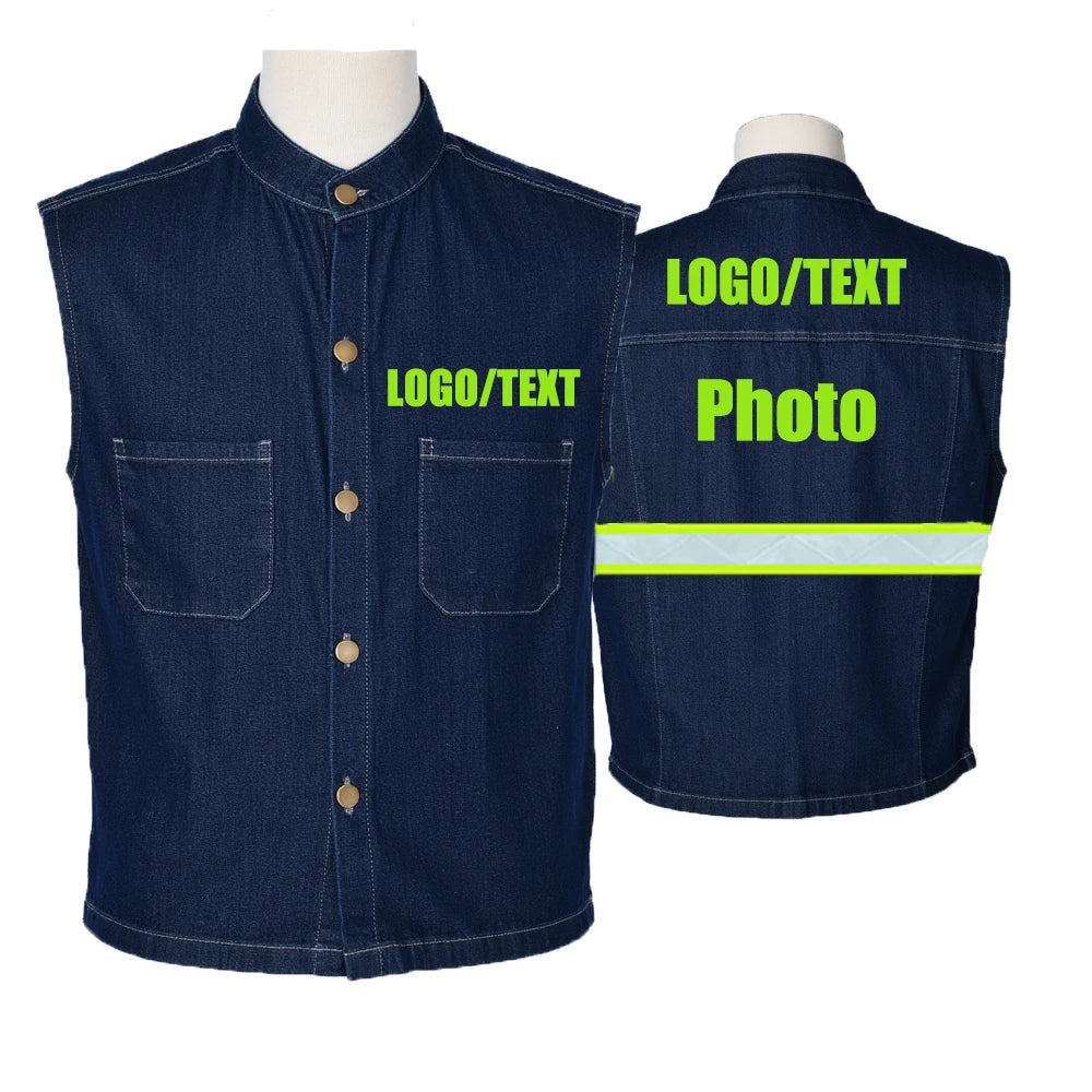 Luminous Bicycle Motorcycle  Denim Vest  for  Night Vest for Men With Personalized Logo/Photo