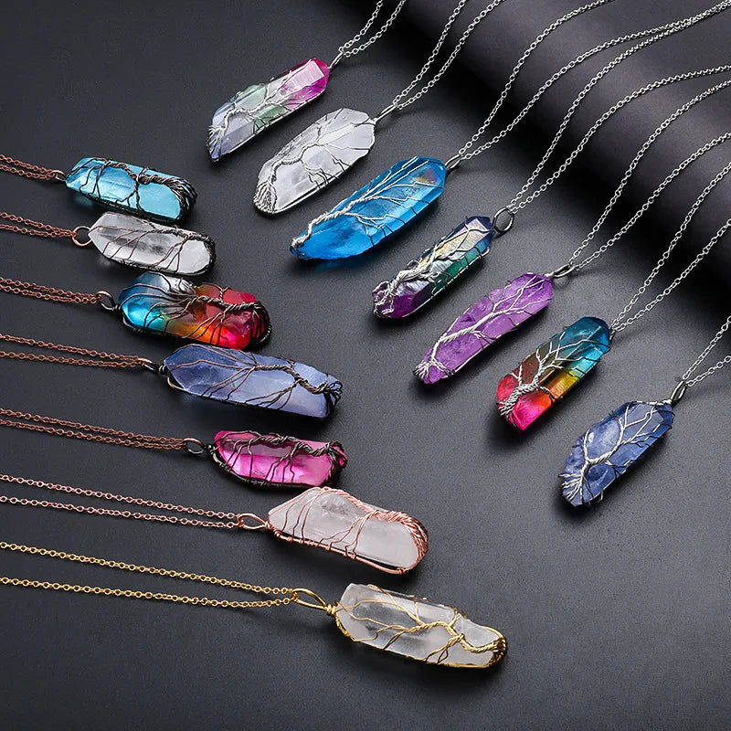 G986 Jewelry Necklaces Chakra Dyed Natural Rainbow Stone Gold Silver Wrapping Wire Pendant Healing Crystal Necklace