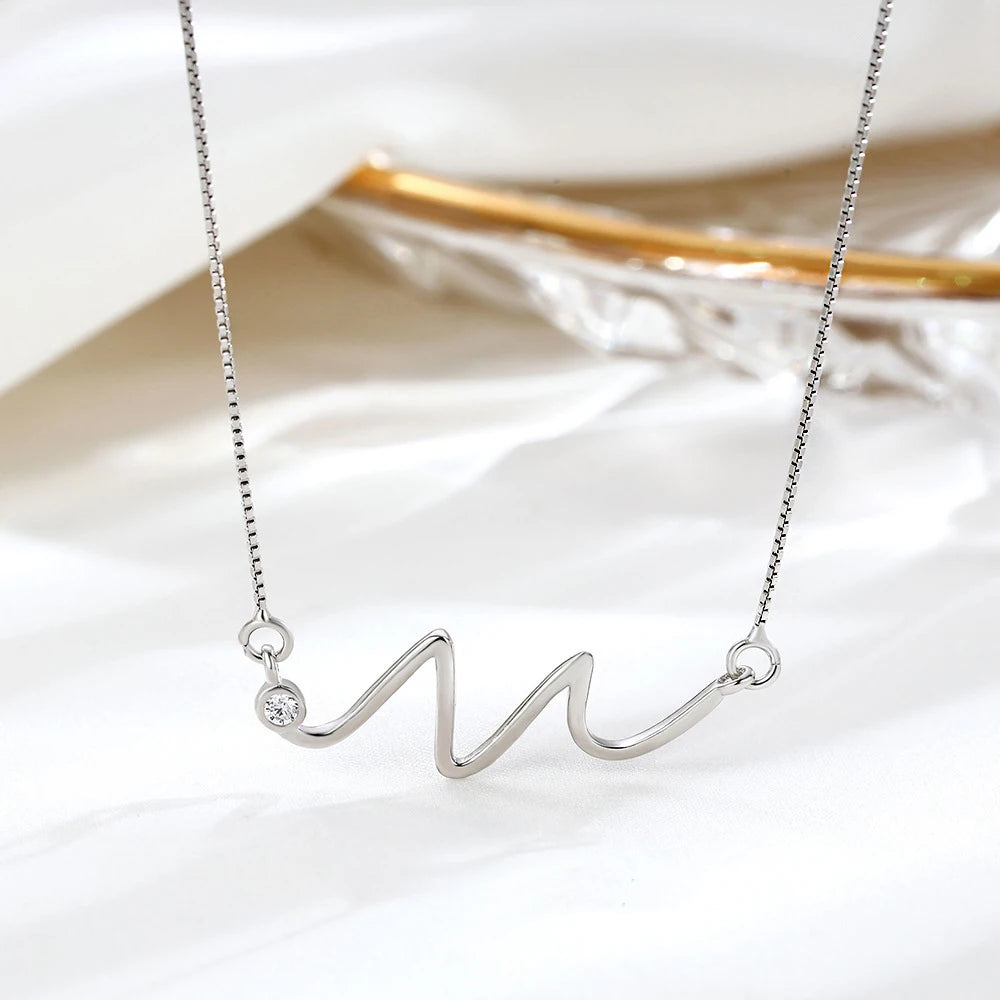 Fashion 925 Sterling Silver Rhodium Plated Zircon Trendy Wave Pattern Shape Women's Heartbeat Pendant Necklace for Engagement