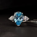 New Sterling Silver  925 Water Drop 10*14 Rhodium Plated Three Stones Pear 10 Carat Blue Zircon Diamond  Ring Engagement  Ring