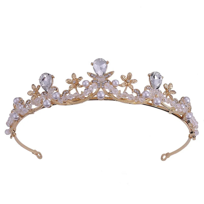 Korean Children's Hair Headdress Crown Crystal Pearl Flower Bride Handmade Crown