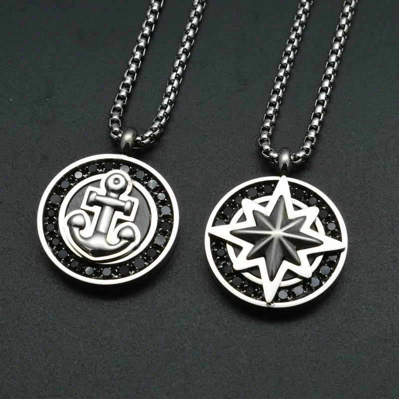 Unique Design PVD Black Plated 316L Stainless Steel CZ Setting Anchor Compass Pendant Necklace for Men