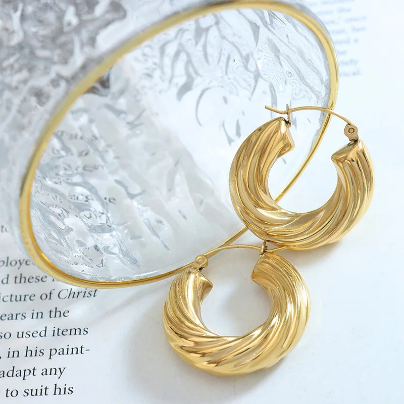 18k Gold Fancy Twist Hoop Earrings Thick Women Round Twist Earring Jewelry Bijoux En Acier Inoxydable
