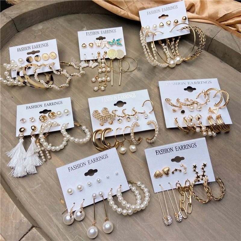 Fashion Acrylic Pearl Crystal Gold Hoop Earrings Set Oversize Metal Circle Butterfly Heart Flower Punk Earring for Women