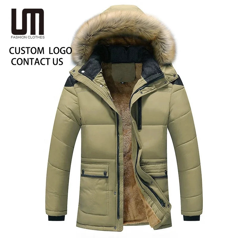 Liu Ming Custom Logo 2025 Wholesale Winter Men Clothing Hooded Fur Collar Parkas Fleece Warm Outdoors Coats Plus Size Jackets