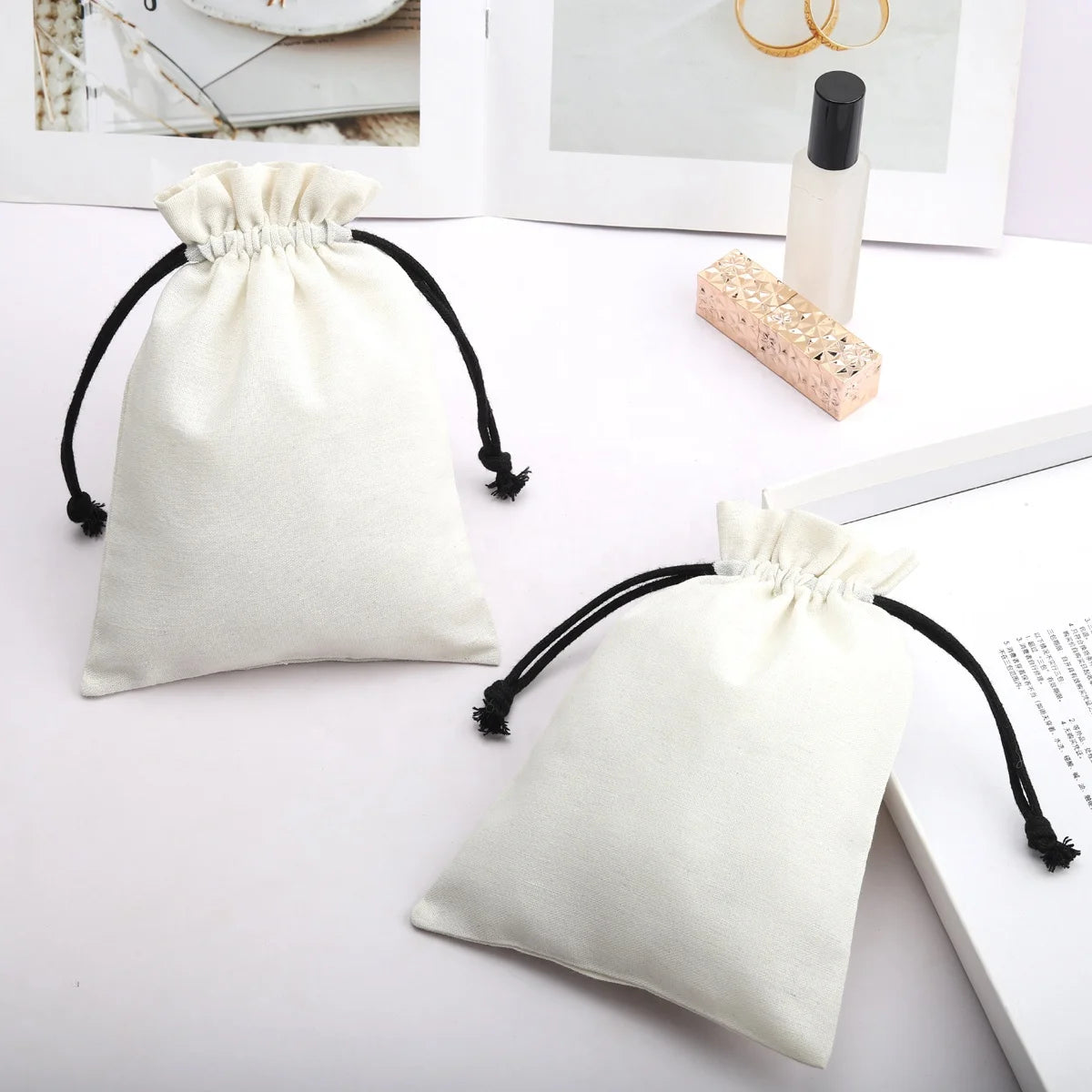 Eco-Friendly Float White 8Oz Canvas Gift Comb Bag Hight Quality Mirror Cosmetic Jewelry Packing Drawstring Cotton Canvas Pouch