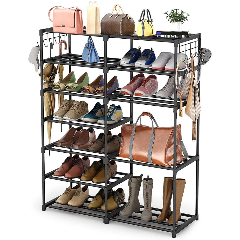 Modern 7-Tier Shoe Rack with Side Hooks Fabric and Metal Boots Storage Shelf Organizer for Home Living Room Furniture