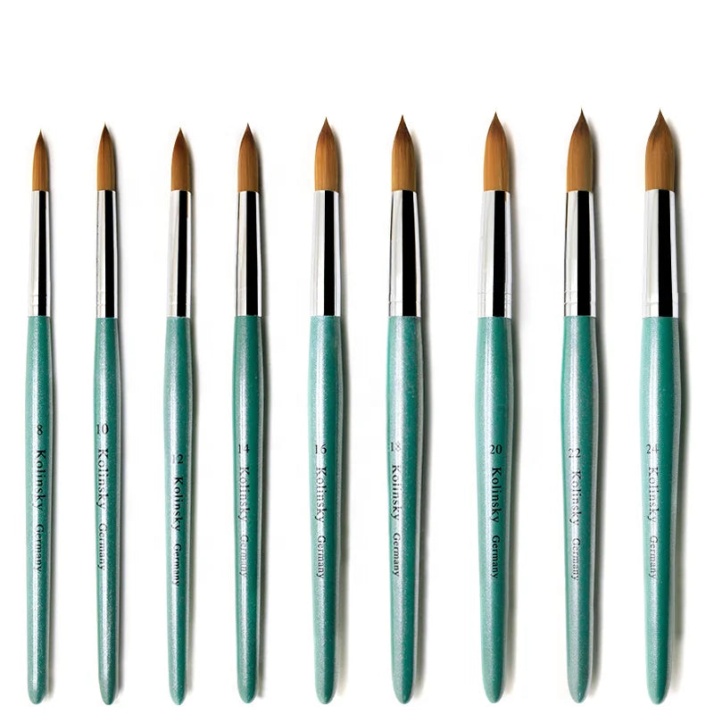 YALIXIN Custom Logo 100% Pure Kolinsky Acrylic Nail Art Brush Wood Handle Round Head #8-#24 Crimped Ferrule