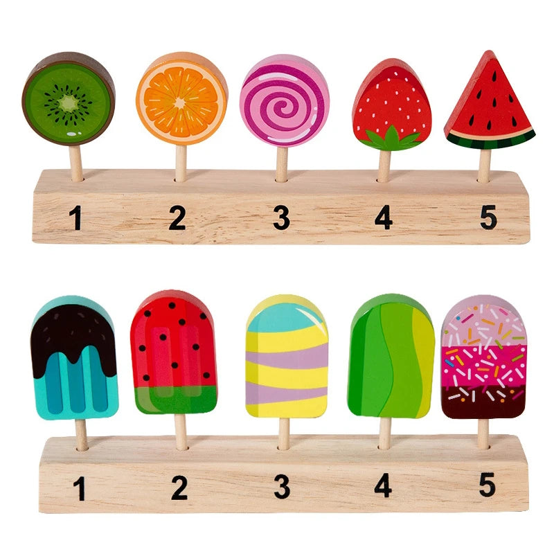 Kids Wooden Educational Pretend Play Game Toy Lollipop Ice Cream Stick Digital Pairing Parent Child Interactive Eco-friendly