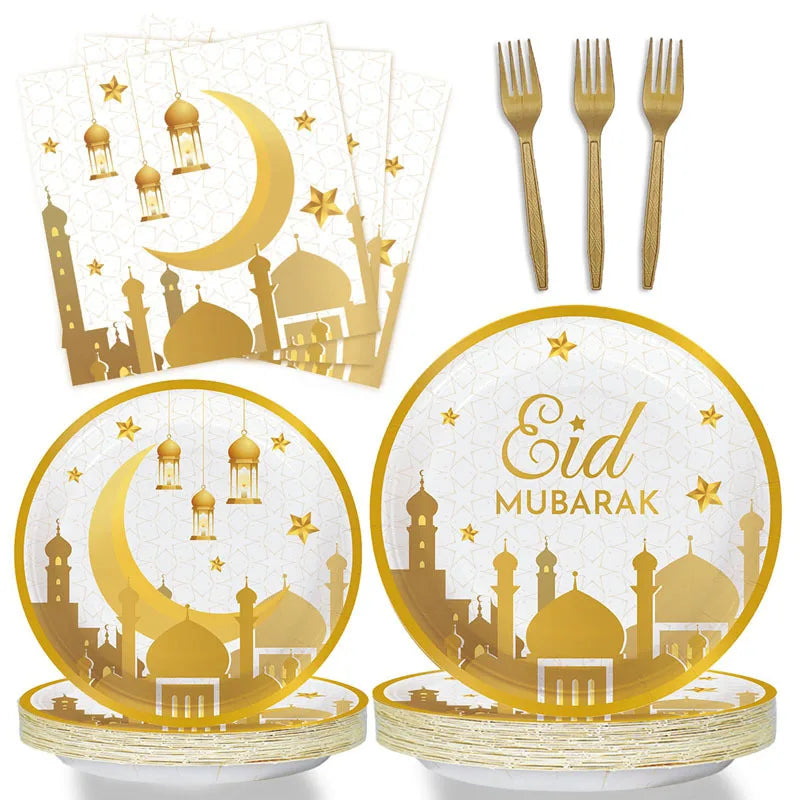 Eid Mubarak Disposable Paper Plate Cup Party Tableware Set Middle East Muslim Holiday Party Supplies Plates Dinnerware Set