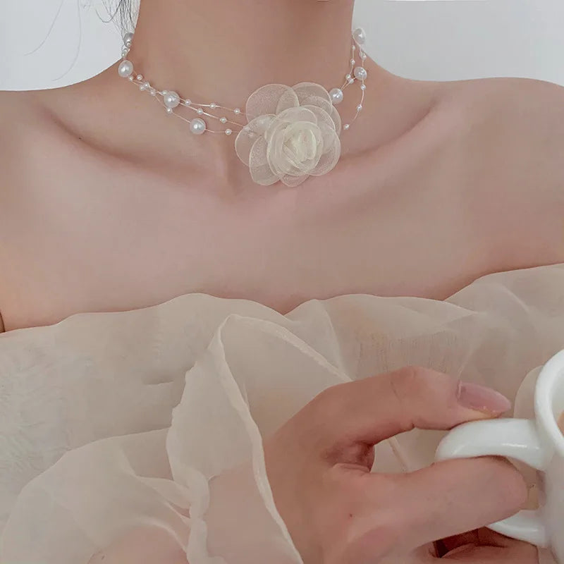 Trendy Three-Layer Pearl Mesh Flower Choker Necklace for Women Imitation Lace Collar Necklaces for Wedding Party Fashion Jewelry