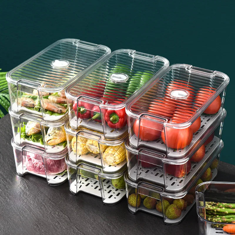 OWNSWING Stackable Refrigerator Organizer Bins With Lids BPA-Free Storage Containers Removable Drain Tray for Veggie