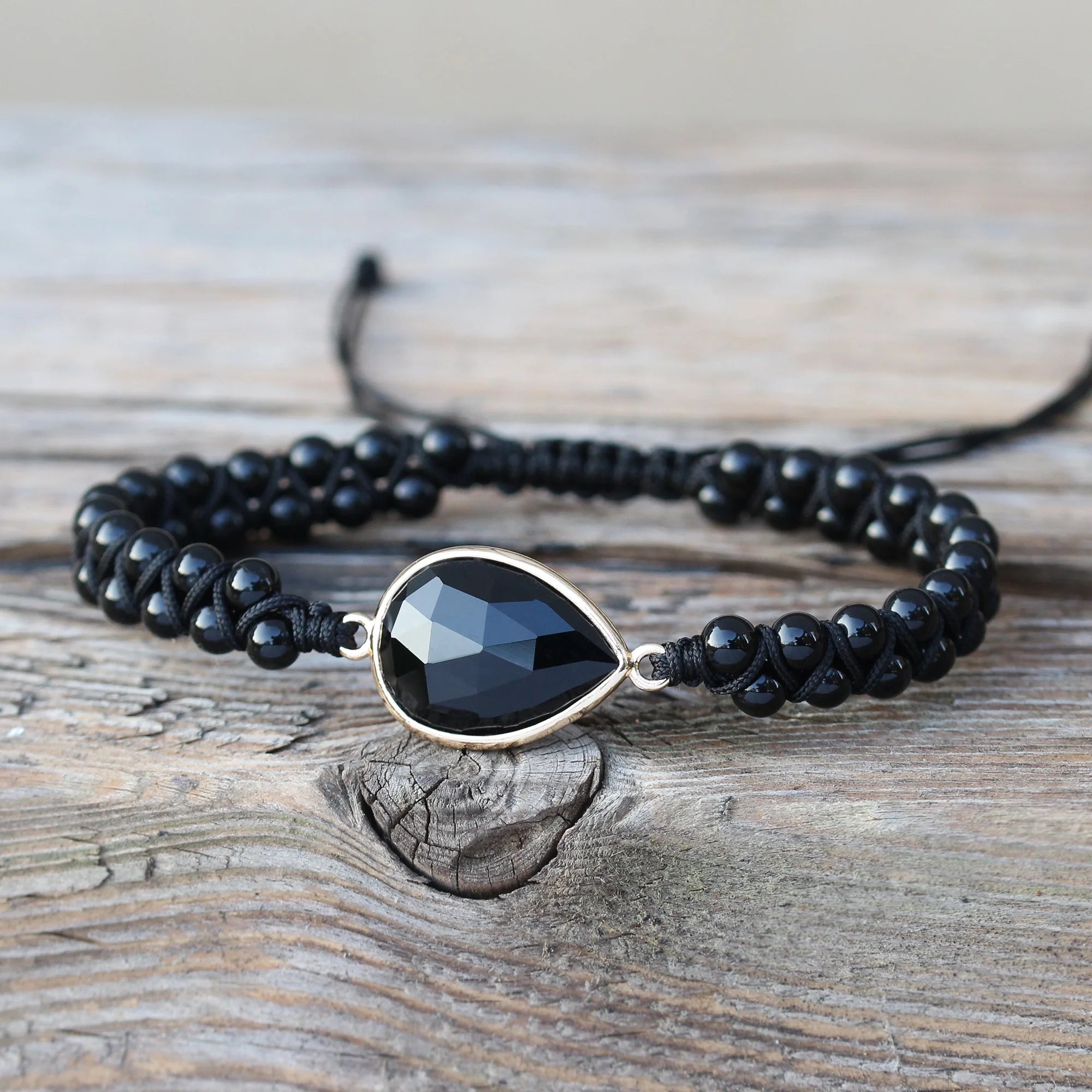 Boho Natural Stone Black Onyx Teardrop Charm Beads Braided Bracelet Adjustable Women Handmade Woven Designer Jewelry Wholesale