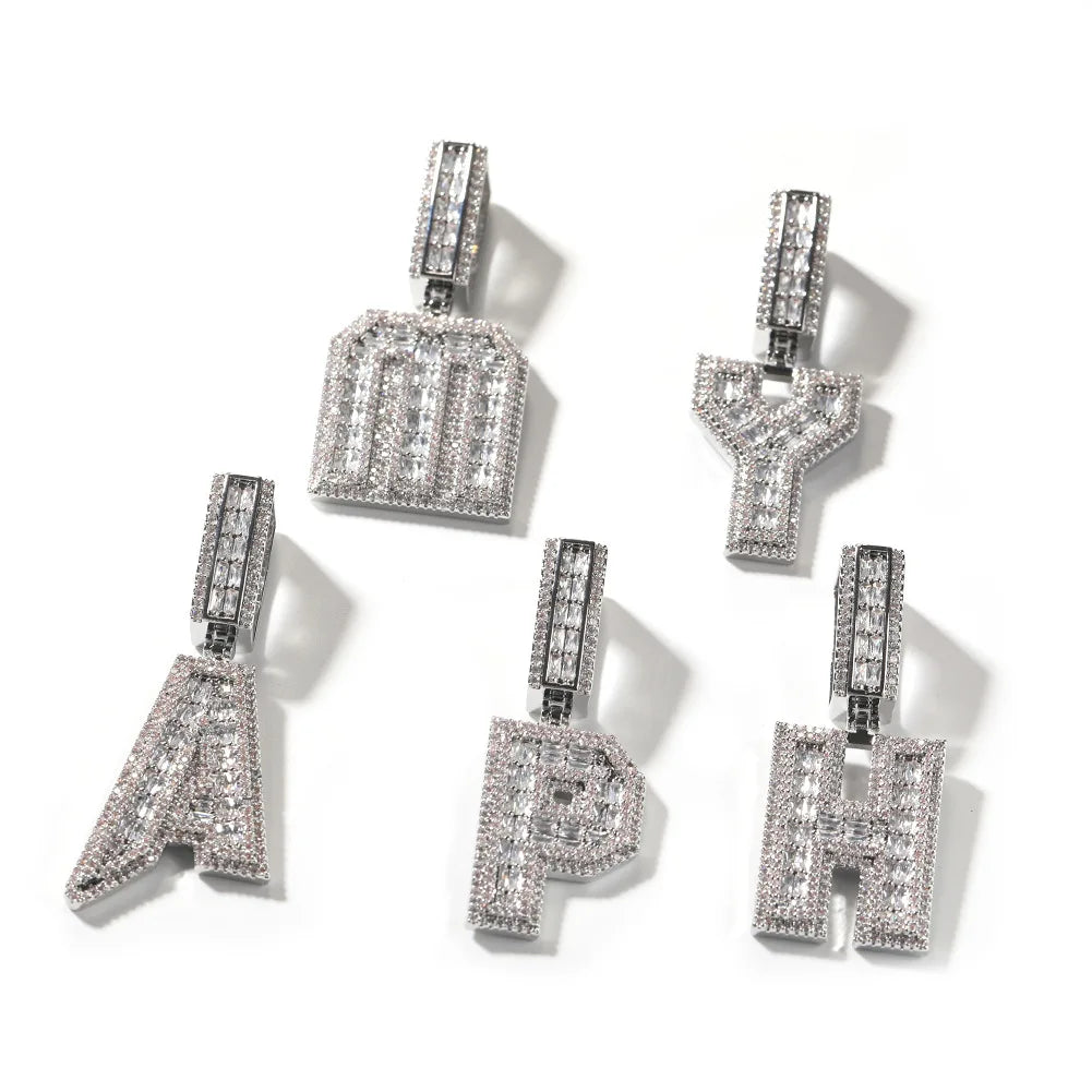 Wholesale Custom Diamond Bold Baguette Cluster Alphabet Initials Nameplate Necklace Metal Brass Ice Out CZ Rope Chain for Gift