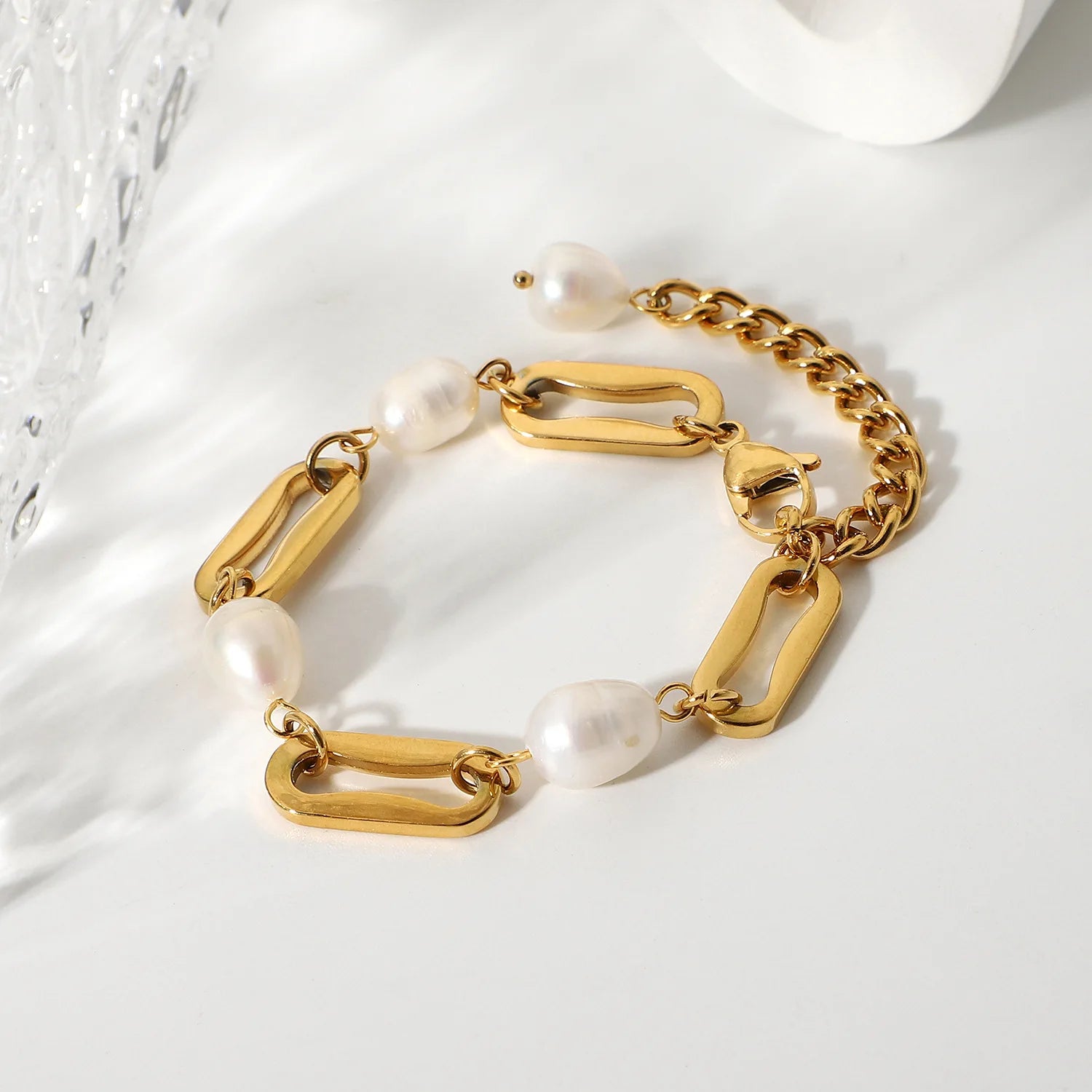 Rectangular Baroque Freshwater Pearl Women Bracelet Waterproof Tarnish Free 18K Gold PVD Plated Stainless Steel Chain Bracelets