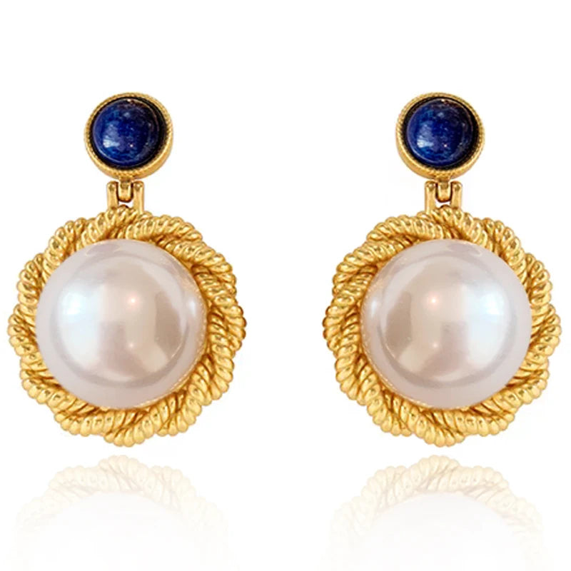 New Senior Trendy Natural Lapis Lazuli Bright White Large 18K Gold Plated Charm Pearl Earrings Unisex Jewelry Factory Custom