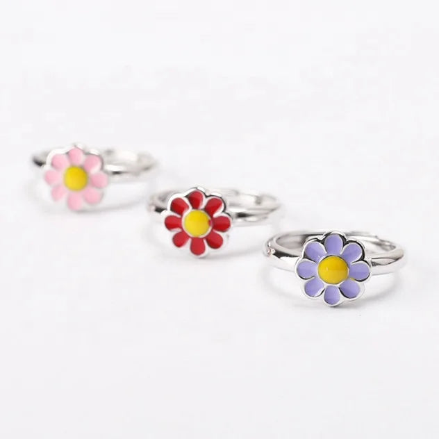 Custom Colorful Enamel Flower Children Adjustable Rings Jewelry 925 Sterling Silver Jewelry for Kids Gift