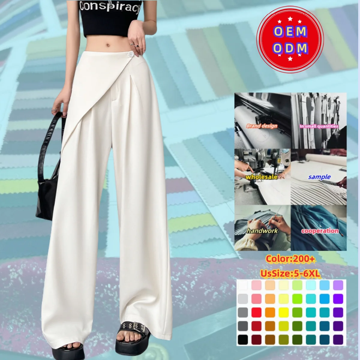 Fashion Summer Plus-size Casual Women's Pants High Waist Zipper Solid Color Cotton Hemp Wide Leg Pants Loose Pants for Sale