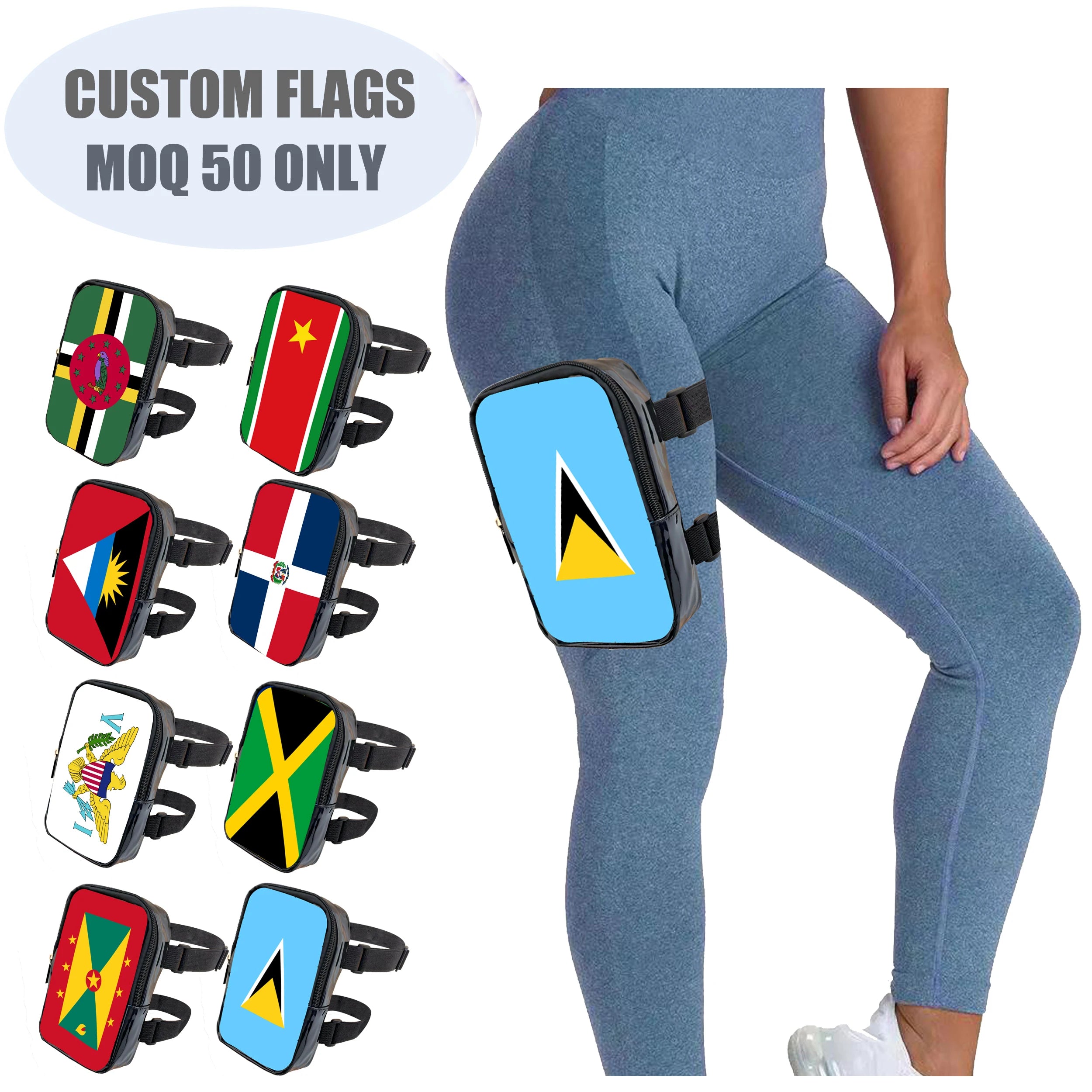 Custom Country Flags Thigh Bag Carnival Waterproof PU Waist Bag Leg Bag Zipper Phone Pouch Unisex Three One Barrel-shaped