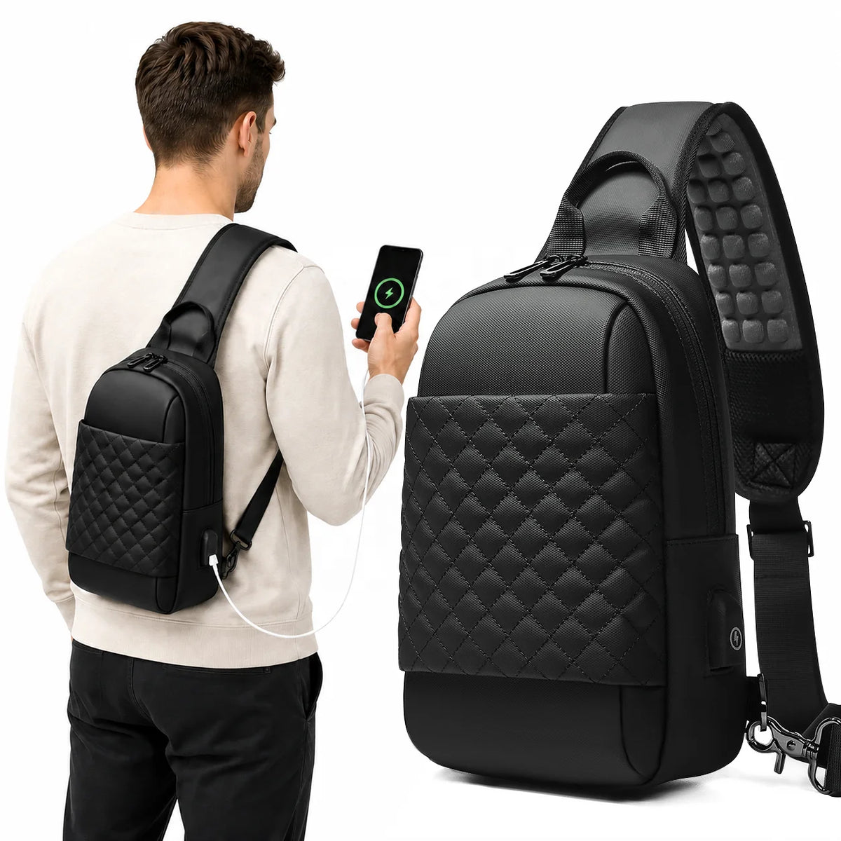 OEM ODM Wholesale Mens Crossbody Shoulder Bag PVC Water-Resistant Sling Chest Bag with USB Charging Anti-Theft Travel Sling Pack MegaBDM