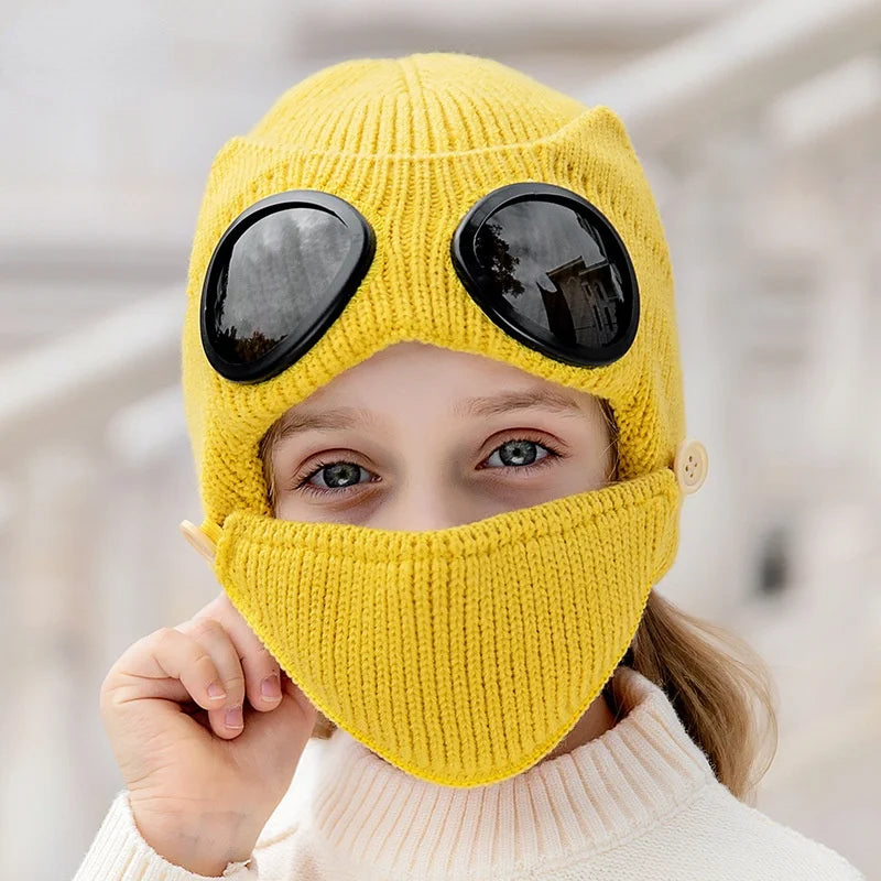 ZG Outdoor Winter Knitted Hat for Boys and Girls Windproof Glasses Strap and Earmuffs Comfortable Ski Mask for Children