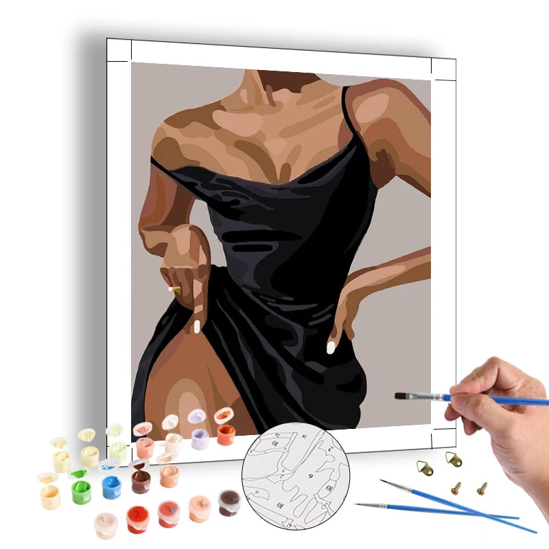 Custom Diy Painting by Numbers for Adults Woman Lady Black Dress Paint by Numbers Hanging Art Crafts Home Decor for Beginners