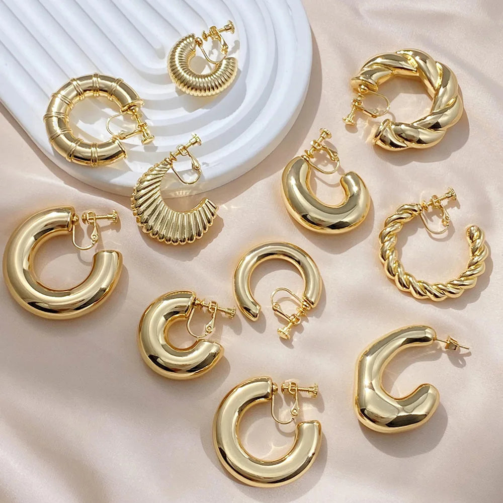 Women's Trendy Gold Plated Earrings New Fashion Simple Geometric C Shape Round Chunky Chic Stud Design for Parties
