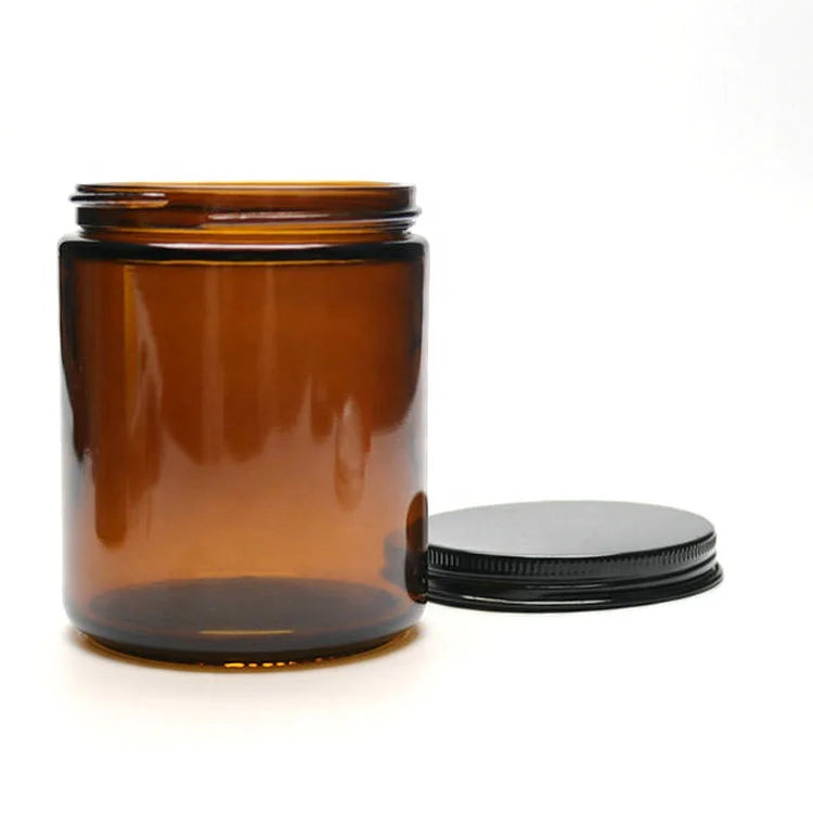 8oz 9 oz Amber Glass Straight-sided Round Jar with 70-400 Black Metal Lid