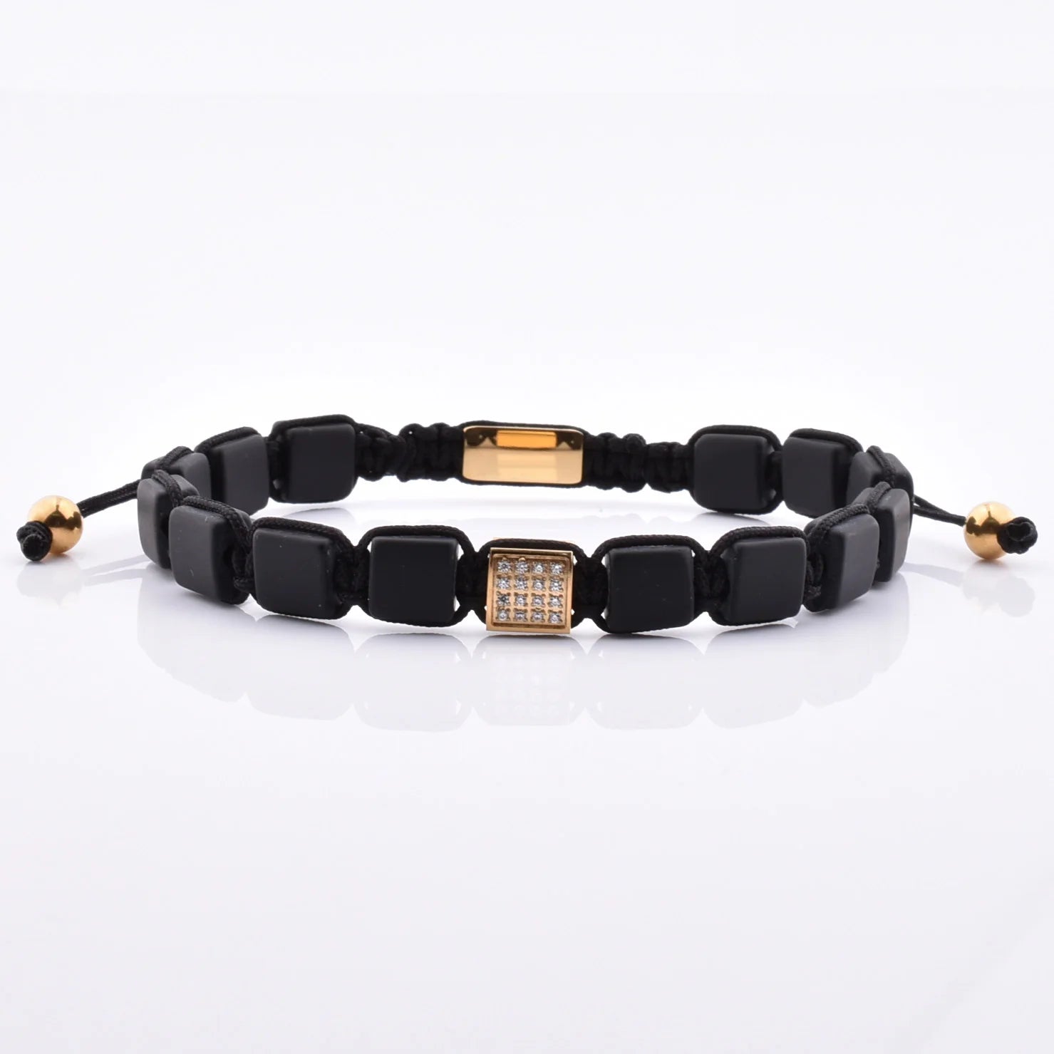 Elegant Beaded Gold Square Charm Bracelet With Diamond Flat Stone for Mens