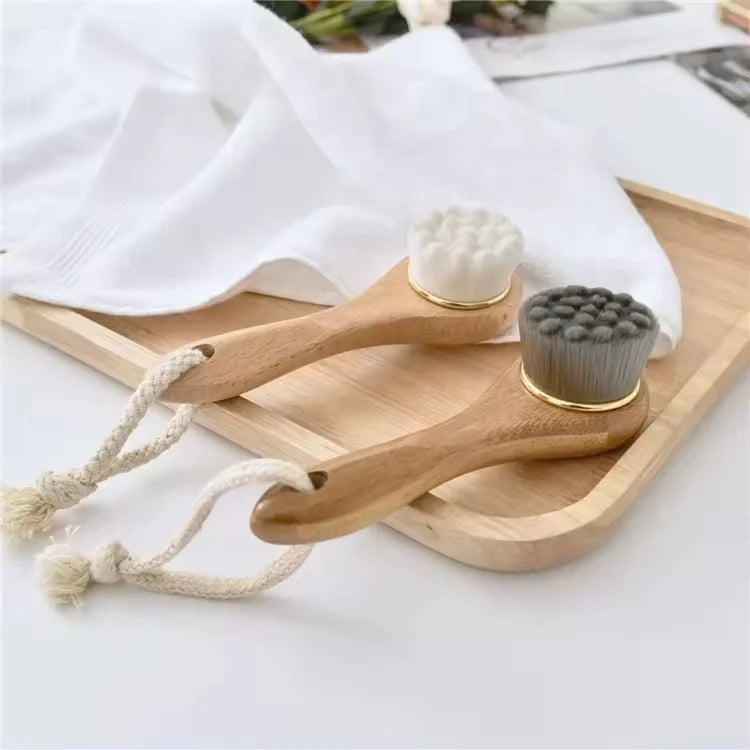 Custom Logo Long Wooden Handle Facial Cleansing Brush Bamboo Charcoal Fiber Remove Black Head Deep Cleaning Brush Facial
