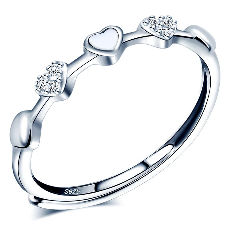 925 Silver Heart Ring with White Shell Adjustable Romantic Zircon Rings for Girls for Wedding Engagement Gift Party Anniversary