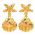 Trendy Engagement 18K Gold Plated Stainless Steel Bezel Setting Retro Starfish Shell Ocean Series Pendant Earrings